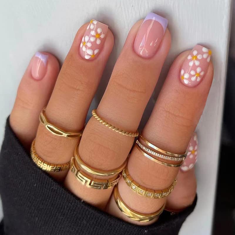 Jsiallye 9 Packs Press on Nails Short,Flower French Press on Nails Square And Almond,Gradient Glue on Nails for Girl Nail Art, 12 Size of Fake Nails - 9 Styles Nail Kits - Image 4