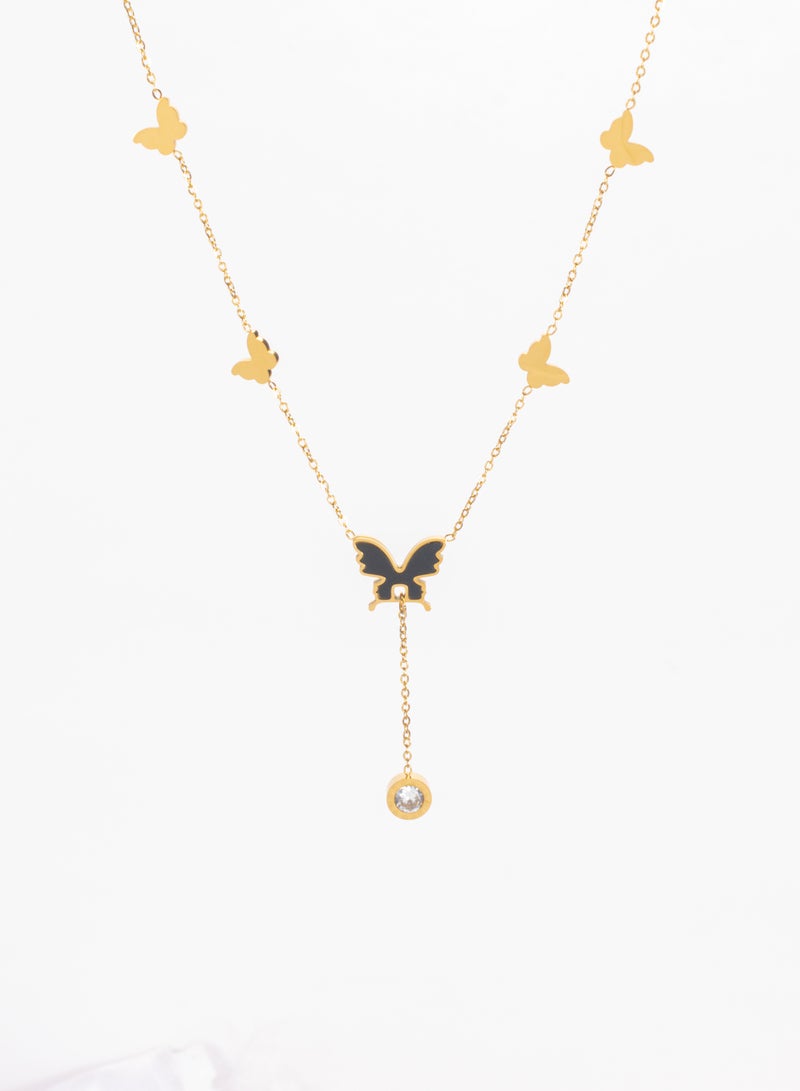 Stainless Steel Necklace with a Black Butterfly Pendant