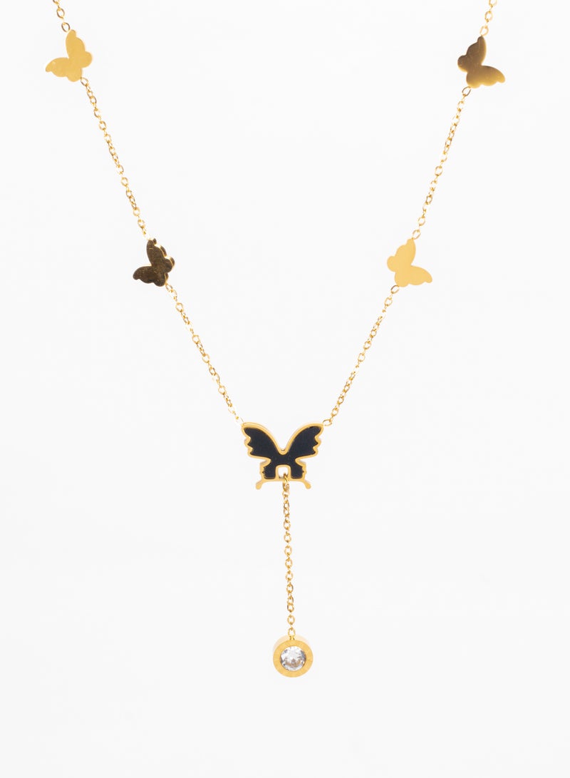 Stainless Steel Necklace with a Black Butterfly Pendant