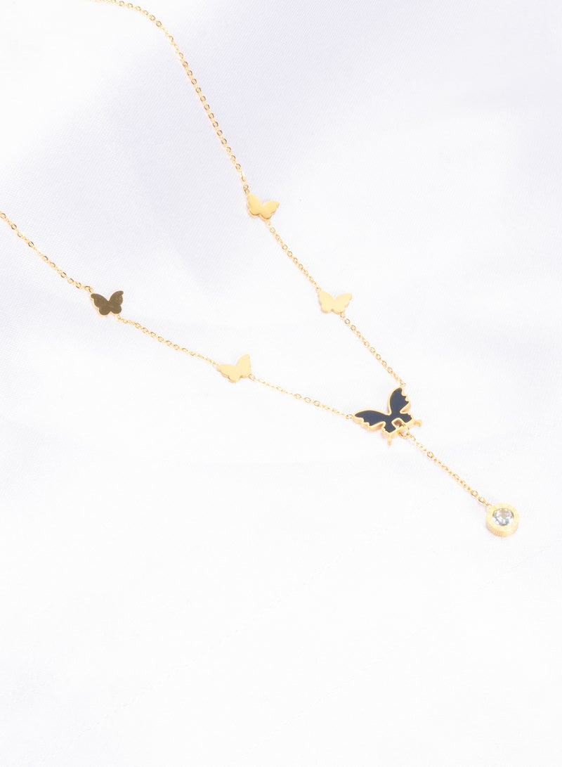 Stainless Steel Necklace with a Black Butterfly Pendant
