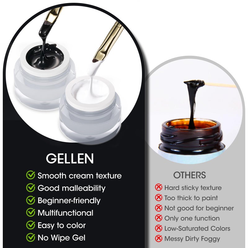 Gellen جل طلاء الأظافر GELLEN 2 قطع 8 جرام أسود وأبيض جل طلاء الأظافر بدون مسح لرسومات الخطوط الزهرية لطلاء الأظافر للفن في الصالون أو المنزل، يتطلب تجفيف UV/LED - Image 5
