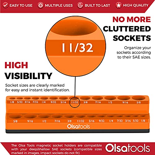 Olsa Tools Magnetic Socket Organizer - 1/4-Inch Drive SAE Socket Holder with Strong Magnets - Professional Tool Holder and Organizer - Stores up to 26 Sockets - Orange - Part: 1293 - Image 2
