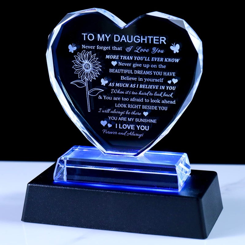 Movdyka Birthday Gifts for Daughter Adult from Mom  to My Daughter Heart-Shaped Glass Keepsake with Colorful LED Base for Daughter  You are My Sunshine Gifts for Daughter - Image 1