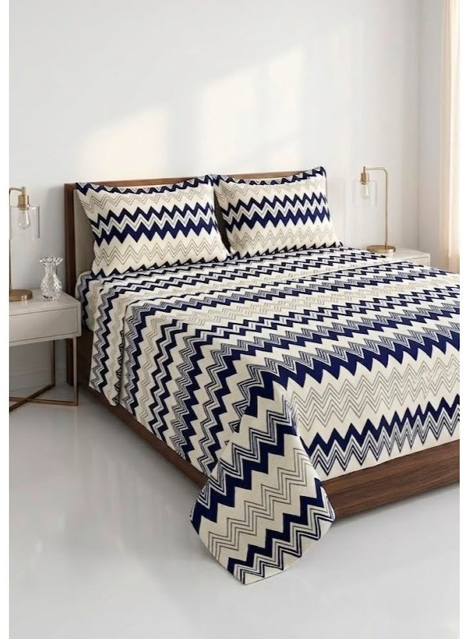 Elegant Hotel-Style Flat Bed Sheet Set - 125 GSM Soft Chevron Zig-Zag Pattern Fabric, Includes 2 Matching Pillowcases - Image 1