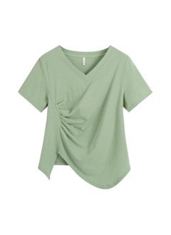 Summer Chubby Girls Plus Size Women's Clothing Niche Design Sense V-neck Short-sleeved Top Shrink Slimming Irregular T-shirt 62370