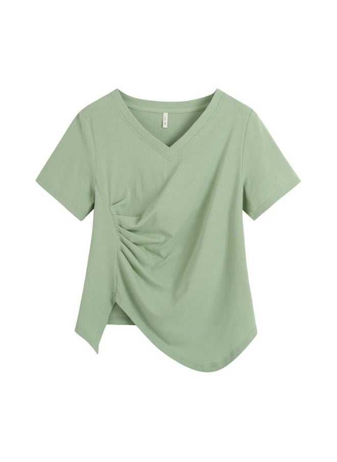Generic - Summer Chubby Girls Plus Size Women's Clothing Niche Design Sense V-neck Short-sleeved Top Shrink Slimming Irregular T-shirt 62370 - Image 1