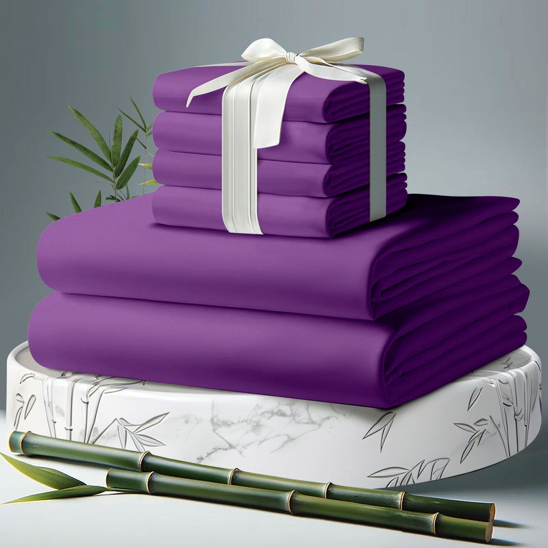 DECOLURE 100% Organic Viscose Derived from Bamboo Sheets Cal King Size 6pcs - Ultra Soft & Luxuriously Cooling  17"" Deep Pocket  Double Stitching  Perfect for Hot Sleepers - King Bed Sheets (Purple) - Image 1