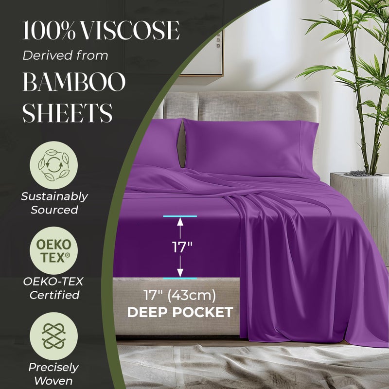 DECOLURE 100% Organic Viscose Derived from Bamboo Sheets Cal King Size 6pcs - Ultra Soft & Luxuriously Cooling  17"" Deep Pocket  Double Stitching  Perfect for Hot Sleepers - King Bed Sheets (Purple) - Image 4