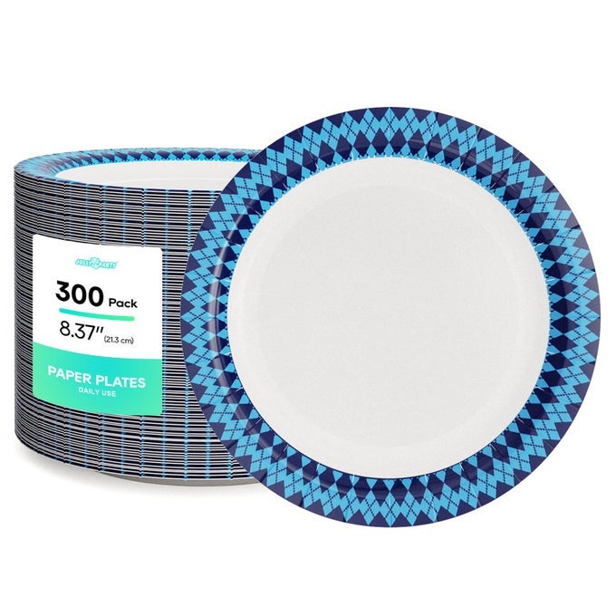 837 INCH DISPOSABLE PAPER PLATES 300 COUNT DINNER PLATES SOAK PROOF CUT PROOF FOR EVERYDAY USE NAVY DIAMOND PATTERN RIM DESIGN