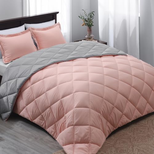 Basic Beyond Queen Comforter Set - Pink and Grey Comforter Set Queen, Reversible Bed Comforter Queen Set for All Seasons, Baby Pink/Grey, 1 Comforter (88"x92") and 2 Pillow Shams (20"x26"+2") - Image 1