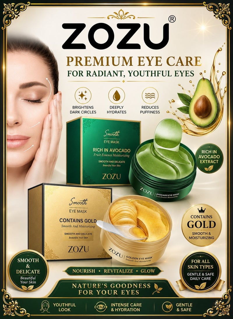 Zozu Pack Of 2 Smooth Eye Mask | Rich In Avocado | Contains Gold | Moisturizing Eye Patches For Dark Circles | Collagen Eye Bag Patches Removal Stickers | Hydrating Skincare | 30 Pairs X 2 - Image 1