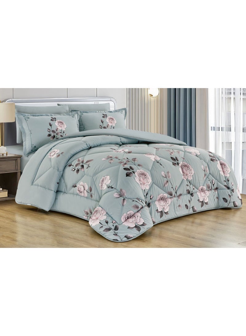 Luxury Floral Printed Comforter Bedding Set, Sage Green, Quilted Design with Matching Pillow Covers