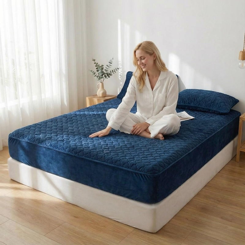 Pangzi Solid Flannel Plush Bedding Fitted Sheet,Velvety Soft Heavyweight Non-Slip Protective Cover for Bed Mattress (Twin, Blue) - Image 5