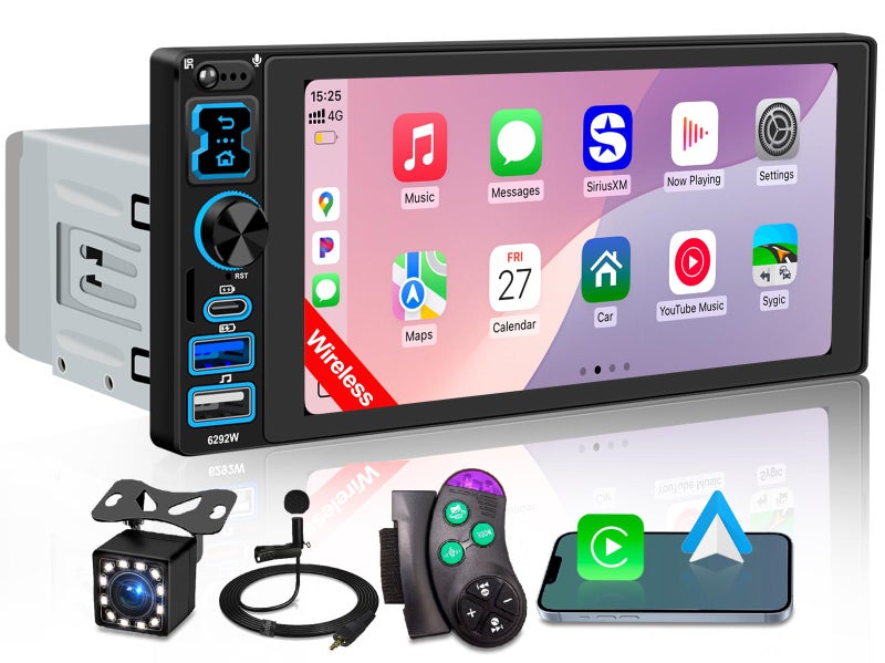 Oeretzrac راديو سيارة من نوع دين واحد مع Apple CarPlay اللاسلكي وAndroid Auto شاشة تعمل باللمس 69 IPS 1280x600 بلوتوث 52 راديو FM كاميرا خلفية وحدة رأس دين واحد 180 واط مخرج مضخم صوت شحن سريع TypeC - Image 2