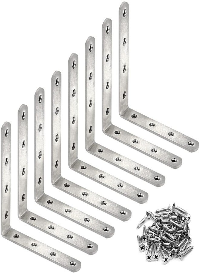 Eitonbu 8 Pcs Stainless Steel L Bracket 5 x 5 inch Heavy Duty Solid Shelf Support Corner Brace, Metal Joint Right Angle Brace for Wood Shelves, Silver, Corner Mount - Image 1