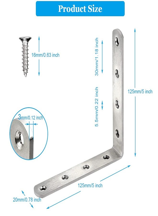 Eitonbu 8 Pcs Stainless Steel L Bracket 5 x 5 inch Heavy Duty Solid Shelf Support Corner Brace, Metal Joint Right Angle Brace for Wood Shelves, Silver, Corner Mount - Image 2