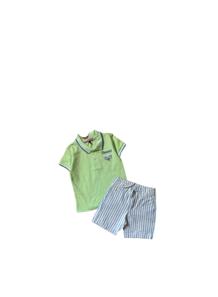 Boys' set, green T-shirt and blue shorts