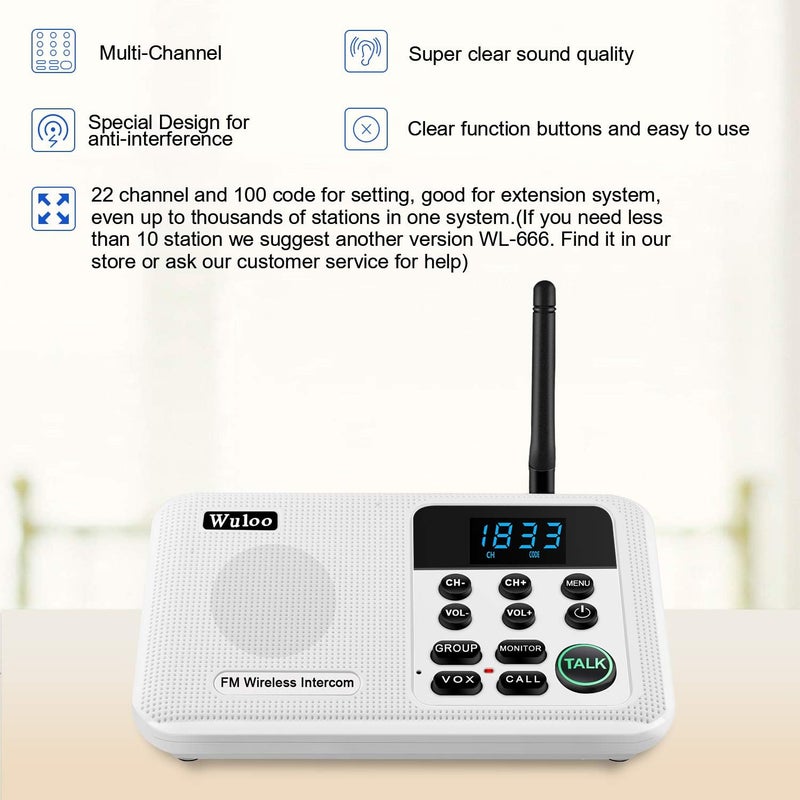 Wuloo Intercoms Wireless for Home 1 Mile Range 22 Channel 100 Digital Code Display Screen, Wireless Intercom System for Home House Business Office, Room to Room Intercom Communication(2Station, White) - Image 2
