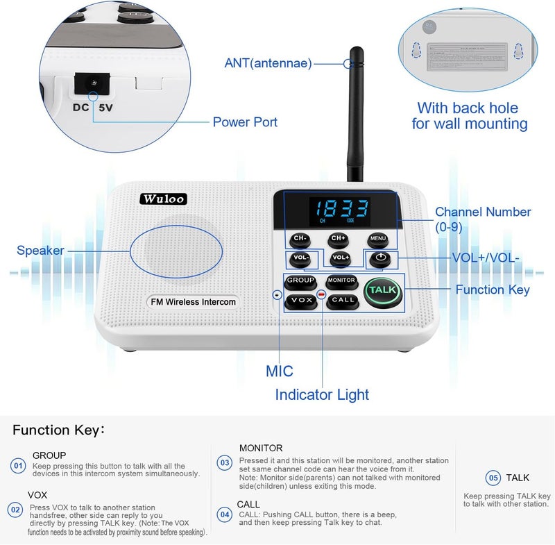 Wuloo Intercoms Wireless for Home 1 Mile Range 22 Channel 100 Digital Code Display Screen, Wireless Intercom System for Home House Business Office, Room to Room Intercom Communication(2Station, White) - Image 5