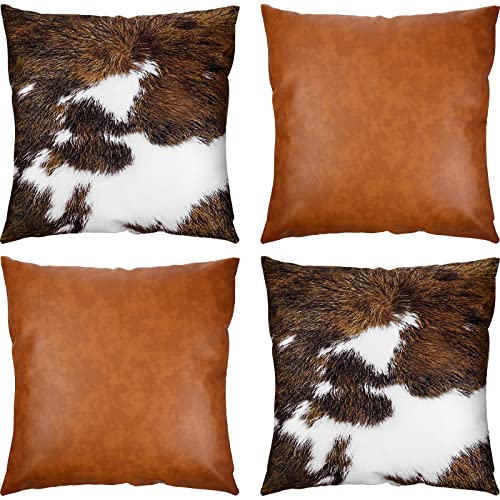 Western Pillow Covers 18 x 18 Set of 4 Faux Leather Throw Pillow Covers and Cowhide Accent Printing Hidden Zippered Pillowcase Modern Farmhouse Decorative Square Cushion Cases for Couch Sofa Bed