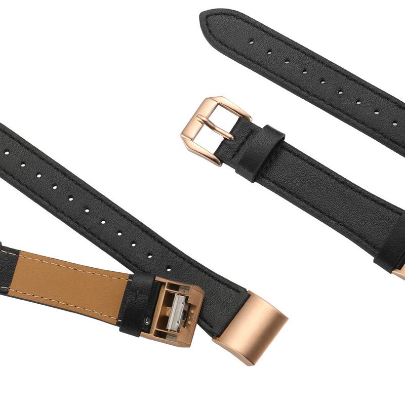 Simpeak Leather Band Compatible with Fitbit Charge 2 Only  Genuine Leather Wristband Strap Replacement for Fitbit Charge2  Black Band+Rose Gold Adaptor - Image 2