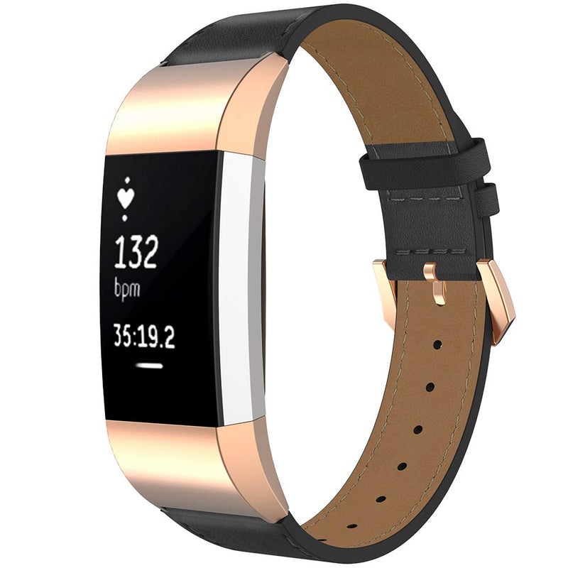 Simpeak Leather Band Compatible with Fitbit Charge 2 Only  Genuine Leather Wristband Strap Replacement for Fitbit Charge2  Black Band+Rose Gold Adaptor - Image 3