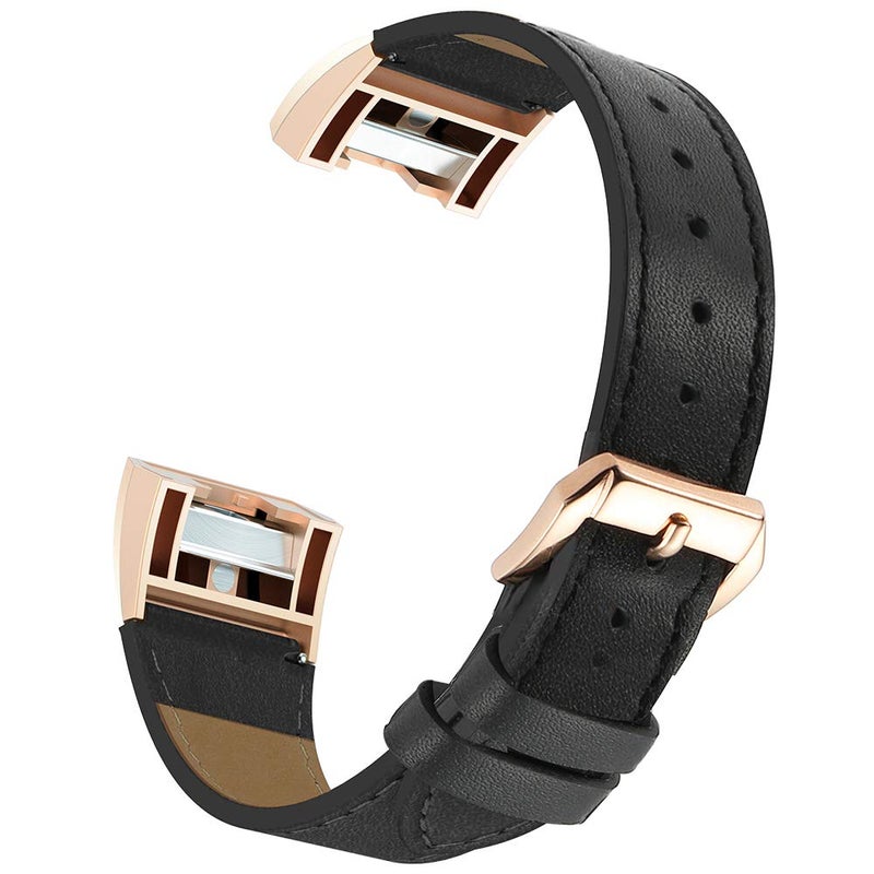 Simpeak Leather Band Compatible with Fitbit Charge 2 Only  Genuine Leather Wristband Strap Replacement for Fitbit Charge2  Black Band+Rose Gold Adaptor - Image 4