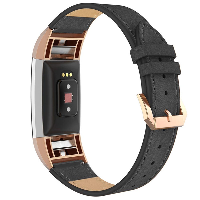 Simpeak Leather Band Compatible with Fitbit Charge 2 Only  Genuine Leather Wristband Strap Replacement for Fitbit Charge2  Black Band+Rose Gold Adaptor - Image 1