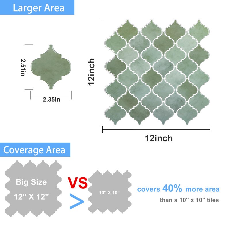 WalDecoo Arabesque Peel and Stick Backsplash for Kitchen, Thicker Design 3D Self Adhesive Wall Tiles, 12"x12" Peel and Stick Wall Tiles, Mix Green 10-Sheet Stick on Tile for Kitchen and Bathroom. - Image 5