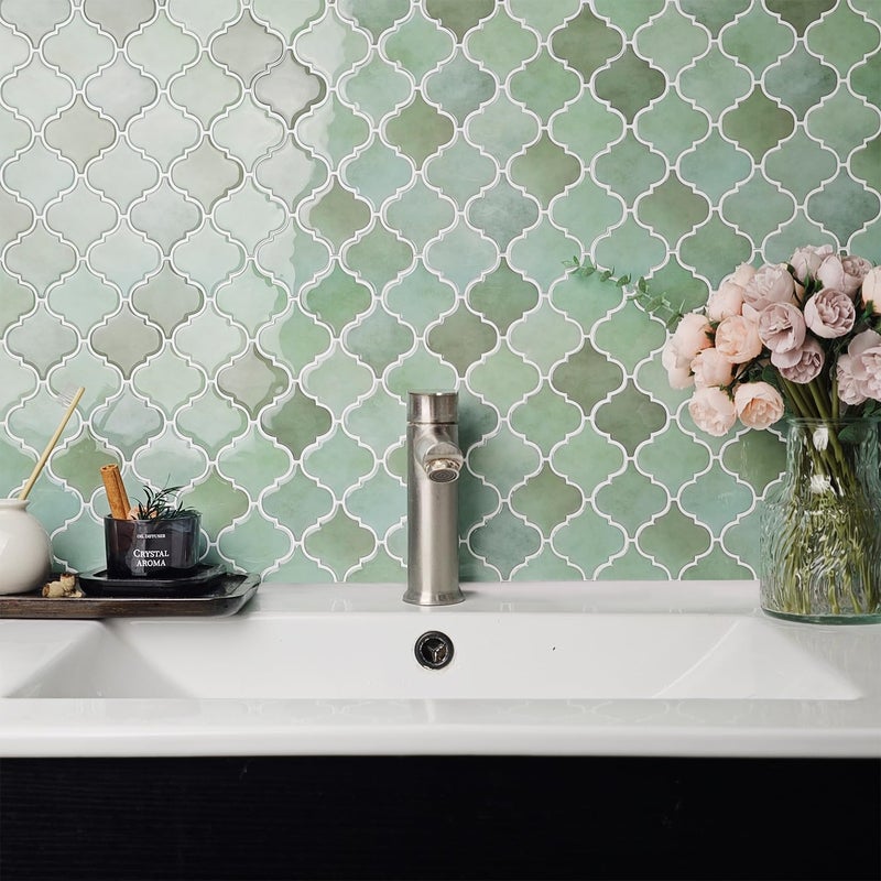 WalDecoo Arabesque Peel and Stick Backsplash for Kitchen, Thicker Design 3D Self Adhesive Wall Tiles, 12"x12" Peel and Stick Wall Tiles, Mix Green 10-Sheet Stick on Tile for Kitchen and Bathroom. - Image 1