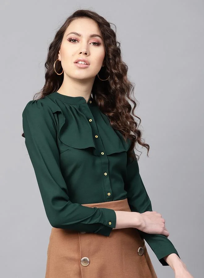 SASSAFRAS Women Green Solid Ruffle Trim Slim Fit Shirt