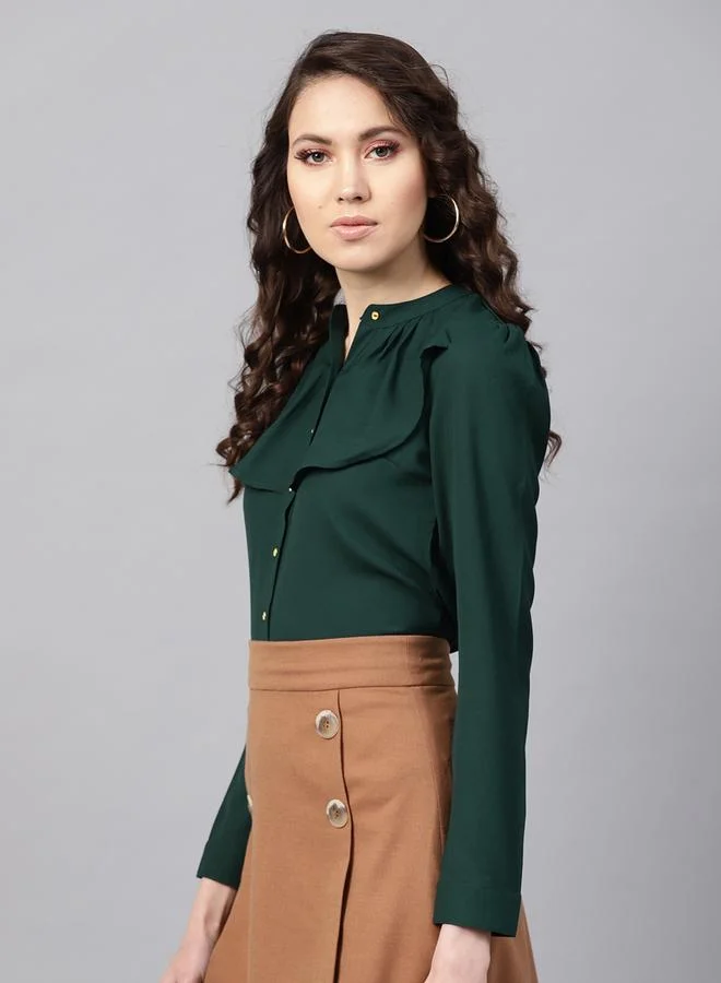 SASSAFRAS Women Green Solid Ruffle Trim Slim Fit Shirt