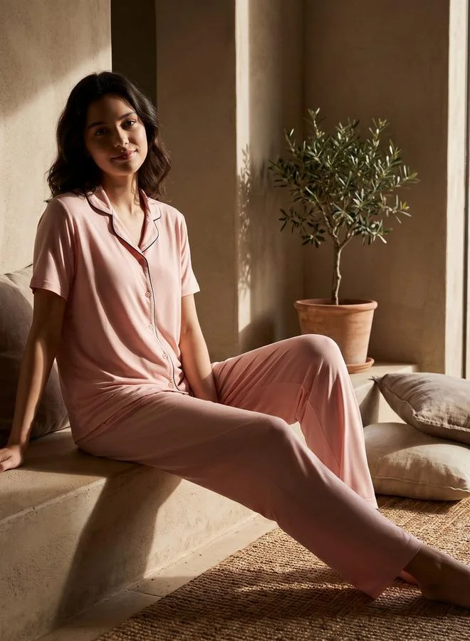 Intimates Piping Accent Button Down Shirt and Pyjama Set