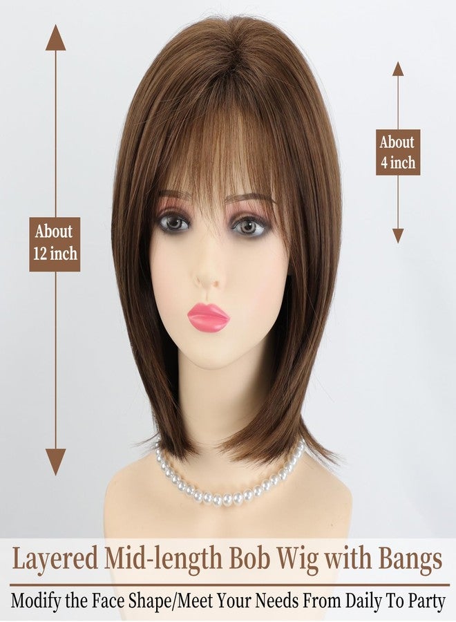 RENERSHOW Layered Mid-length Brown Bob Wig with Bangs Straight 12 inch Synthetic Hair Wigs for Women Mix Color Natural Average Size Daily Party Wig - Image 2