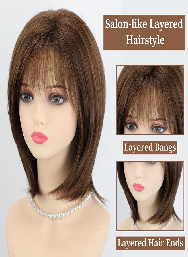 RENERSHOW Layered Mid-length Brown Bob Wig with Bangs Straight 12 inch Synthetic Hair Wigs for Women Mix Color Natural Average Size Daily Party Wig - Image 4