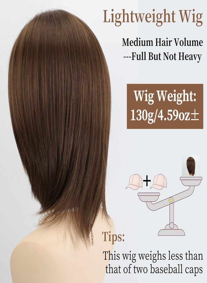 RENERSHOW Layered Mid-length Brown Bob Wig with Bangs Straight 12 inch Synthetic Hair Wigs for Women Mix Color Natural Average Size Daily Party Wig - Image 3
