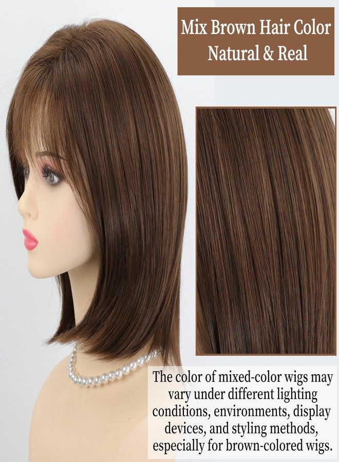 RENERSHOW Layered Mid-length Brown Bob Wig with Bangs Straight 12 inch Synthetic Hair Wigs for Women Mix Color Natural Average Size Daily Party Wig - Image 5