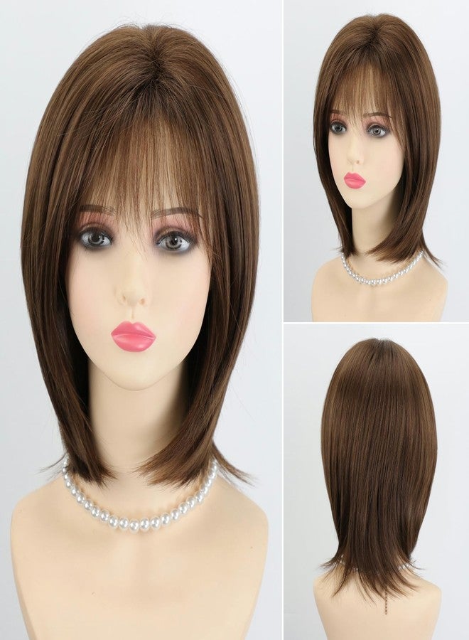 RENERSHOW Layered Mid-length Brown Bob Wig with Bangs Straight 12 inch Synthetic Hair Wigs for Women Mix Color Natural Average Size Daily Party Wig - Image 1