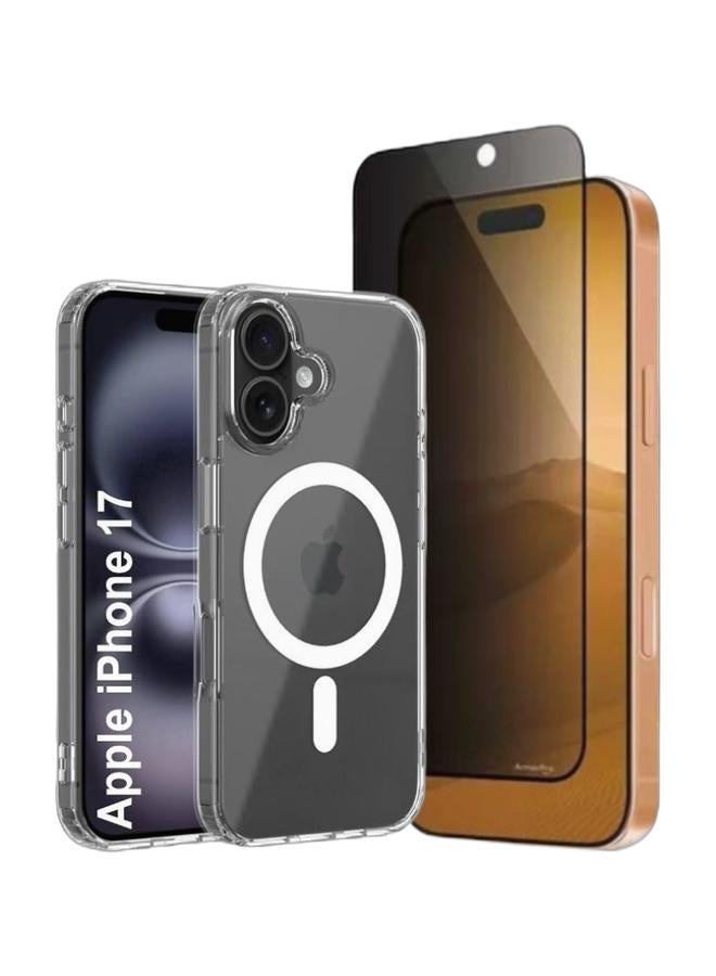 غطاء شفاف لهاتف iPhone 17، غطاء مغناطيسي شفاف للغاية مقاوم للصدمات مع واقي شاشة للخصوصية لهاتف iPhone 17 - زجاج مقوى 9H، مضاد للسقوط، مضاد لبصمات الأصابع، شفاف 2.5D HDBundle - Image 1