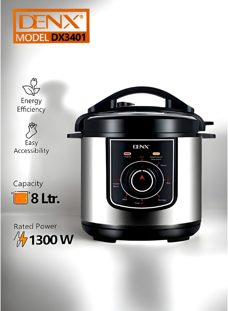 Denx Electric Pressure Cooker, 8‑Litre  – 1300 W Fast‑Cook, 1.8 mm Thick Inner Pot, Keep‑Warm & Reheat, Safety Lock, Measuring Cup + Rice Ladle Included - Image 2
