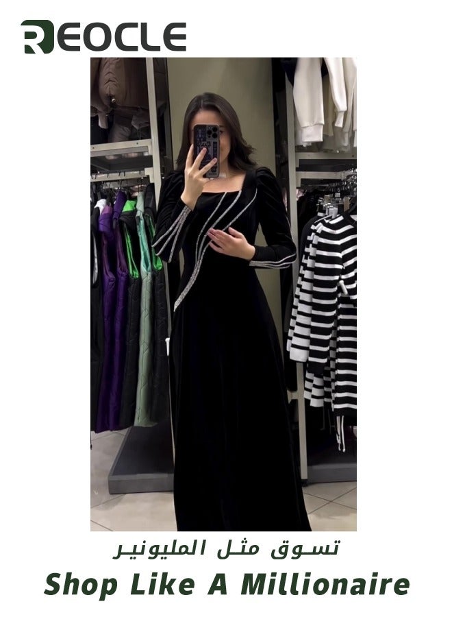 REOCLE Women's Diamonds Dress Rhinestone Bodycon Long Sleeve Dress Party Dress Night Outfit Clubwear Black  - Image 2