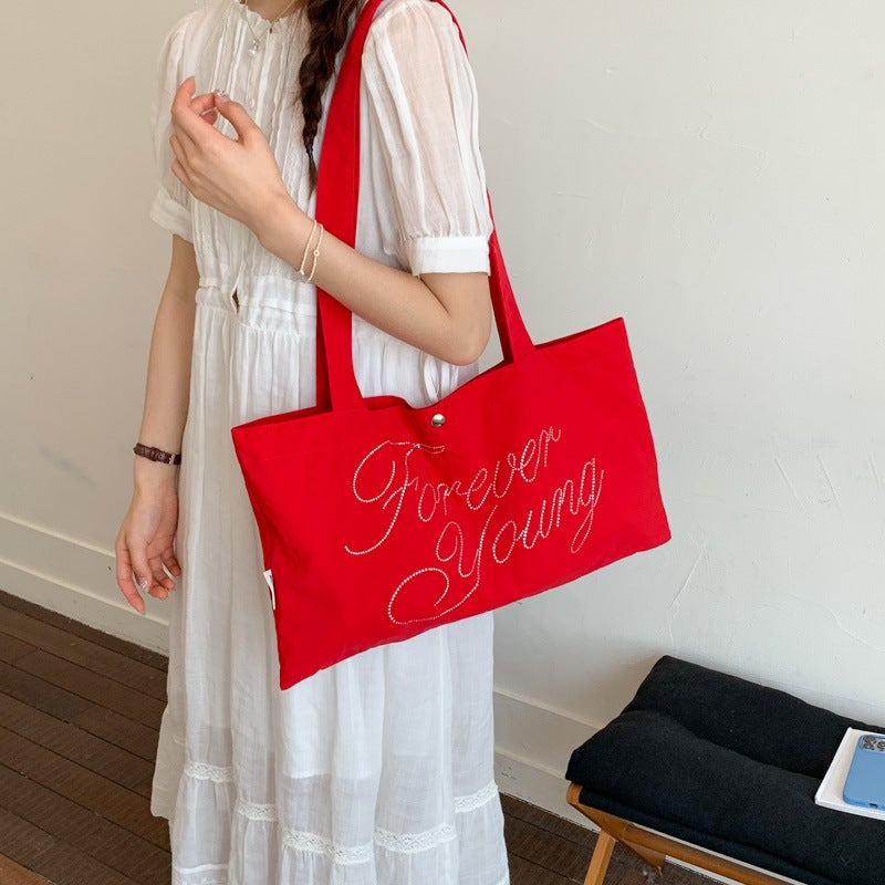 Women's Canvas Shoulder Bag with Rhinestones - Image 3