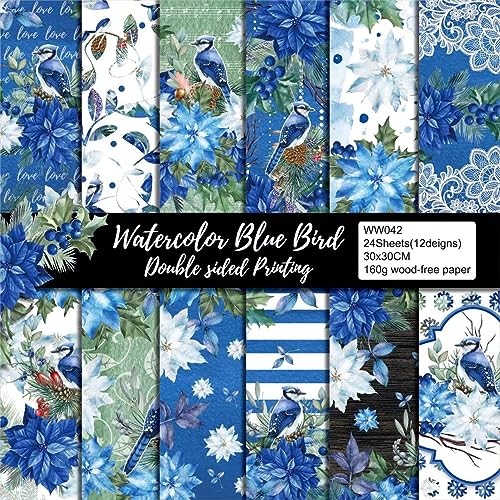 iKammo Blue Floral Scrapbook Paper 12inchBlue Birds Flower Patterned Paper 24 Sheets DoubleSided Scrapbooking Papers Pad for Holiday Cardmaking DIY Origami Decorative Craft Papers - Image 1