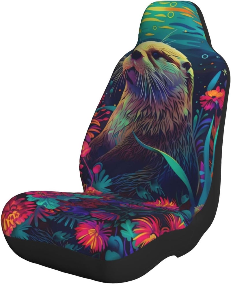 Colorful Flowers Otter Car Seat Cover, Front Seat Protector Universal Auto Accessories, Car Decor for Sedan SUV Van Most Cars 2 PCS - Image 1