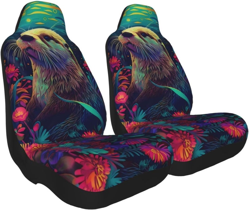 Colorful Flowers Otter Car Seat Cover, Front Seat Protector Universal Auto Accessories, Car Decor for Sedan SUV Van Most Cars 2 PCS - Image 2
