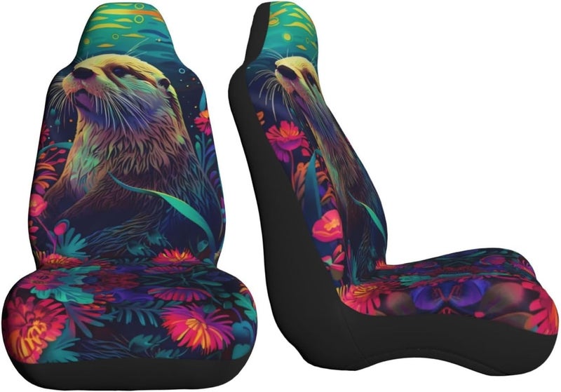 Colorful Flowers Otter Car Seat Cover, Front Seat Protector Universal Auto Accessories, Car Decor for Sedan SUV Van Most Cars 2 PCS - Image 3