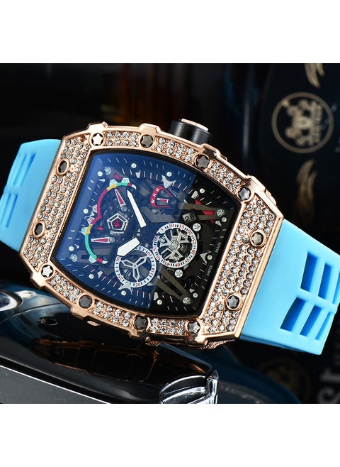 Factory Direct Diamond Inlay Barrel-Shaped Mens Quartz Watch Gold-Blue