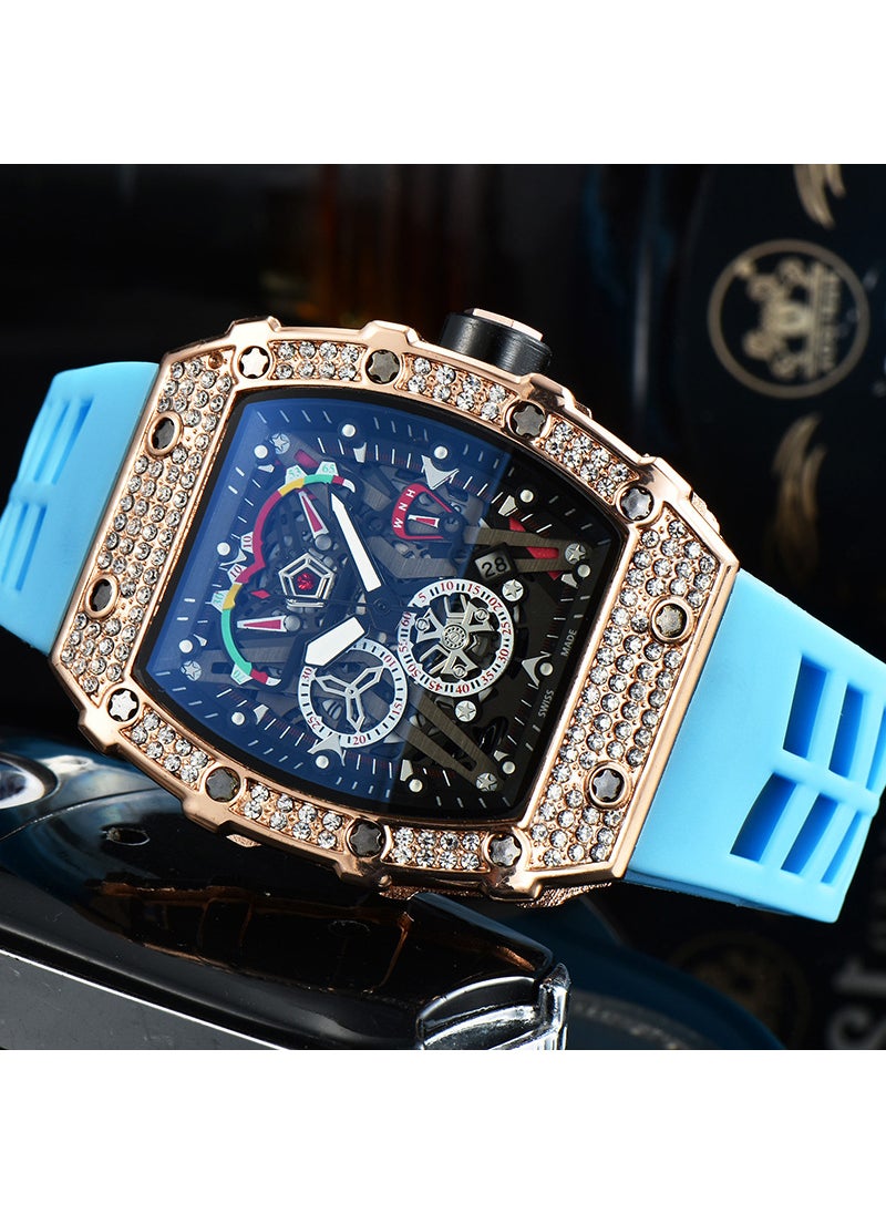 Factory Direct Diamond Inlay Barrel-Shaped Mens Quartz Watch Gold-Blue