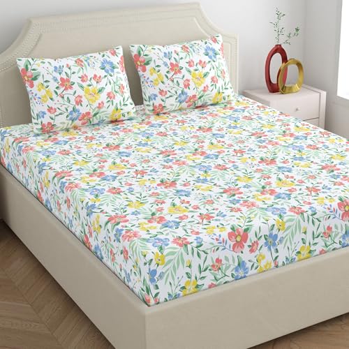 Home Ecstasy 100% Cotton Double Bedsheet with 2 Pillow Covers - (Size 87 x 94 inches, 140 TC, Colour - Multi: Petal Whimsy) - Image 1