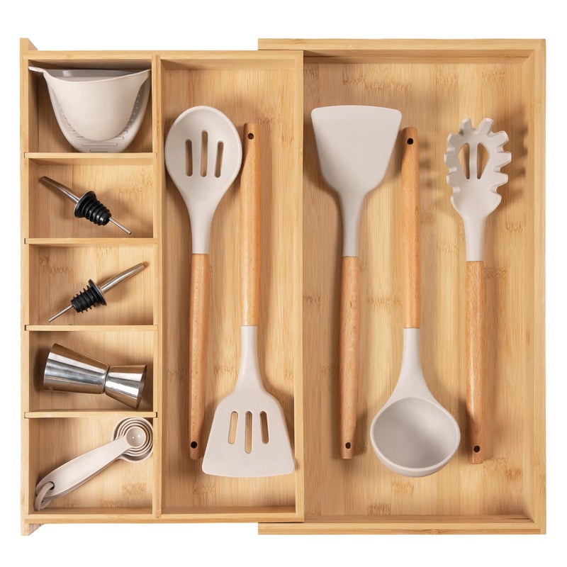 KitchenEdge Adjustable Kitchen Drawer Organizer for Utensils and Junk, Food-Safe Contract Grade with 100% Sustainable Wood, Expandable from 10.5 to 19 Inches Wide - Natural Bamboo - Image 1